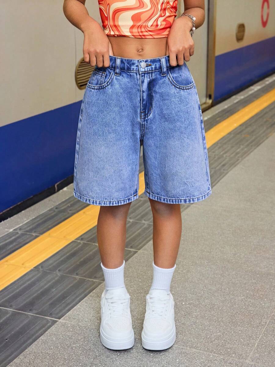 SHEIN Shorts vaqueros holgados tipo bermuda casuales para niñas preadolescentes, shorts vaqueros de verano, shorts vaqueros Y2K