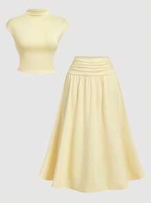 SHEIN MOD Plus Size Pale Yellow 2 Pieces Set, Stand Collar Top & Skirt ,Yellow Skirt Set ,Butter Yellow Set Two Pieces Skirt Set Women Two Pieces Skirt Set Summer Summer Skirt And Top Set,Co Ords Sets Women,Two Pieces Summer Set,Butter Yellow Pastel Yellow Summer Skirt Sets,Christmas, Valentine's Day