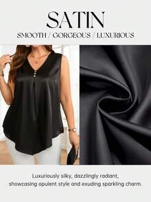 EMERY ROSE 加大码女式无袖缎面优雅衬衫，女士夏季服装，女士度假服装，休闲日常服装，优雅上衣 - 黑色 - 查看 3