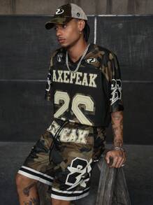 AXEPEAK Conjunto casual de camiseta de manga corta con cuello en V y estampado de letras, y pantalones cortos para hombre - Azul - Ver 6