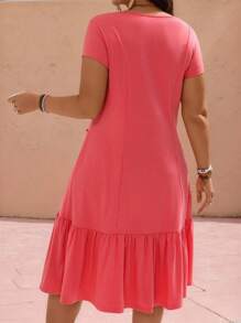 EMERY ROSE 夏季大码女式休闲纯色拼布口袋荷叶边下摆连衣裙