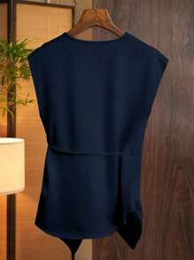 Franclia 女士时尚休闲深 V 领系带裹身衬衫 - 藏蓝色 - 查看 2