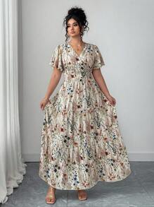 Elenzga 大码女式碎花 V 领修腰喇叭袖长裙，休闲优雅时尚，春夏季，适合海滩装、春假、茶会、复活节 - 彩色 - 查看 3