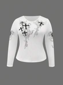 INAWLY 女式大码休闲复古十字印花白色长袖T恤秋季布料 - 白色 - 查看 3