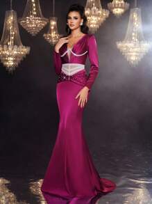 Glamrae Elegante tren fruncido con cintura de manga larga, cuello en V, calado, escote en pico, perla y calada, talla grande, color rosa oscuro, para mujer - Rosa Fucsia - Ver 4