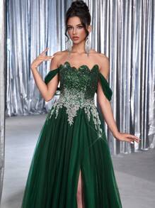 Glamrae Elegante vestido de noche de tren extra grande con escote alto, esmoquin, lentejuelas y bordado de hombros descubiertos en color verde oliva Lux Max para mujeres - Verde Oscuro - Ver 3