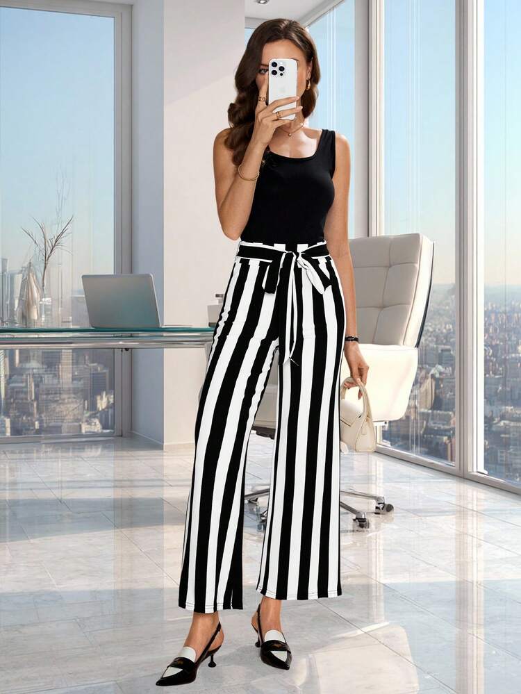 Solid Tank Top & Striped Belted Wide Leg Pants