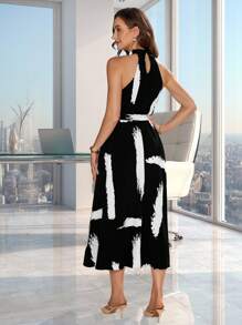 SHEIN Clasi 筆刷圖案腰帶掛脖連衣裙 - 黑色 - 查看 2