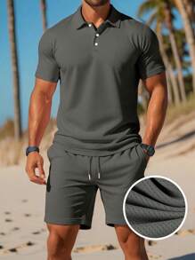 Manfinity Dauomo Camisa polo sólida para hombre y pantalones cortos de cintura con cordón