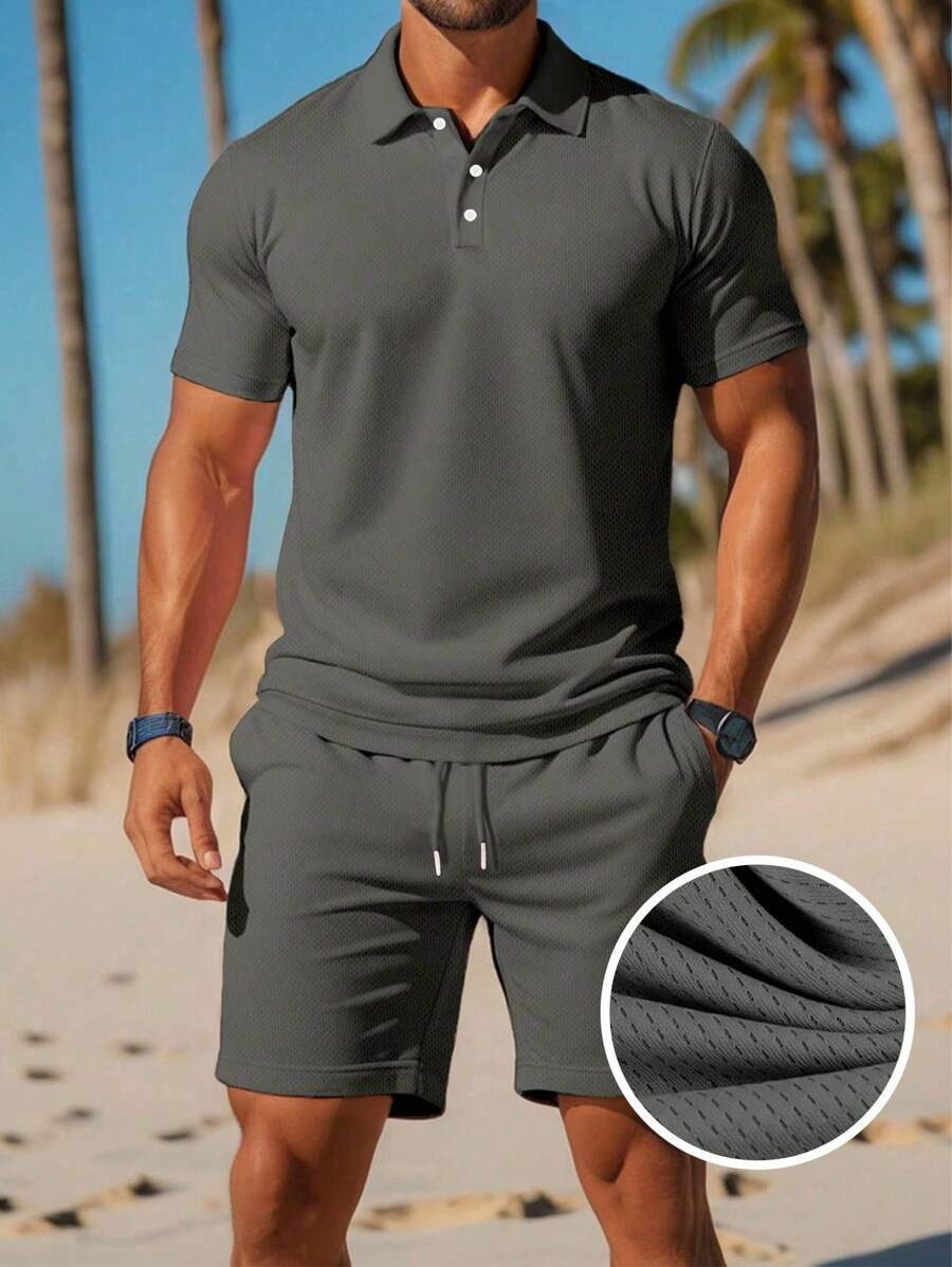 Manfinity Dauomo Camisa polo sólida para hombre y pantalones cortos de cintura con cordón