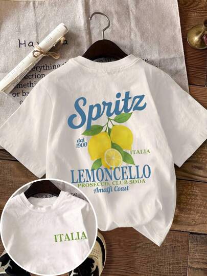 DrmWander Plus Size Women's Lemon 'spritz Lemoncello' Letter Graphic Tee T-Shirt, Cute Fruit Lemon T-Shirt Summer