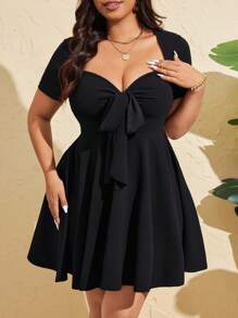 SHEIN PETITE CURVE Plus Size Women's Sexy Front Tie Short Sleeve Bodycon Mini Dress, Summer - Black - View 5
