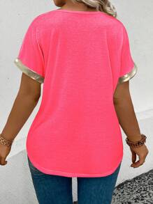 EMERY ROSE Women's Casual V-Neck Short Sleeve Metallic Trim Plus Size T-Shirt - Coral Pink - View 2