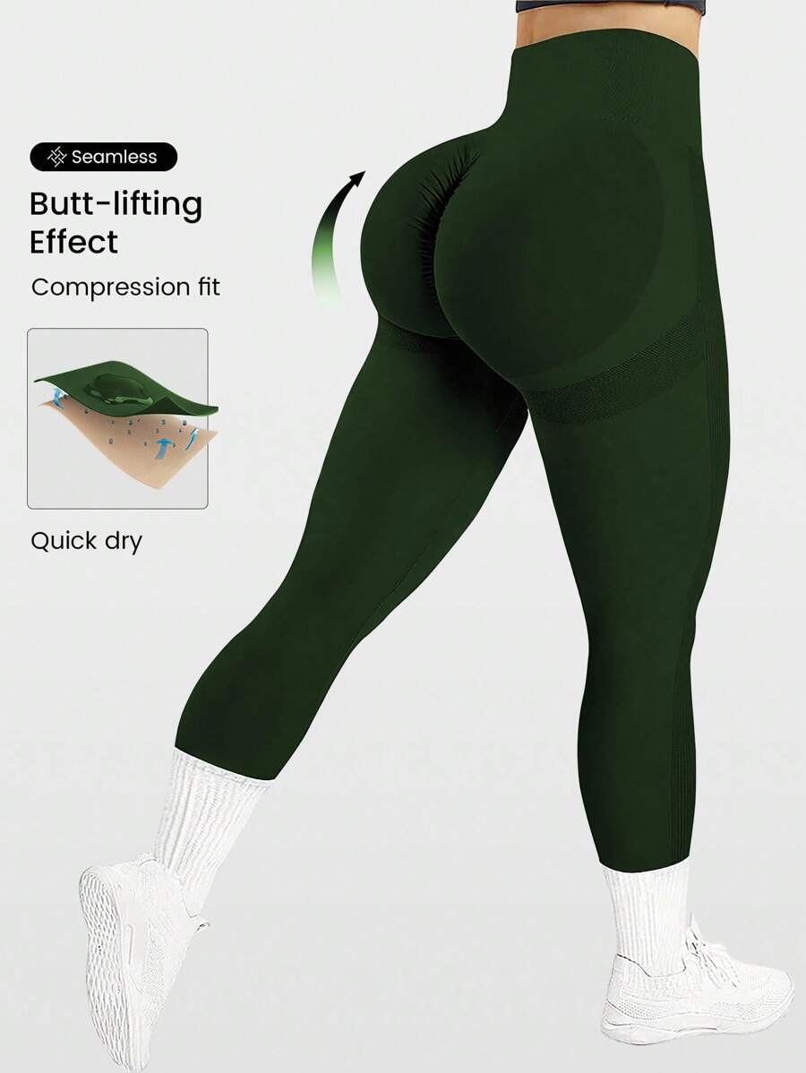 SHEIN Rhythm Era Quần thể thao tập yoga cạp cao màu trơn cỡ lớn cho nữ - Màu xanh lá cây đậm - Xem 1