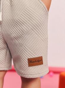 SHEIN 男童休闲简约舒适中腰织标装饰短裤 - 卡其色 - 查看 5