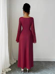 Elenzga Váy dài tay cổ vuông kiểu Pháp mùa mới dành cho nữ, thiết kế dáng ôm, váy dài tay lưới jacquard tinh tế thanh lịch - Màu Đỏ Sâu - Xem 2
