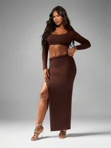 MISSGUIDED Braided Trim Long Sleeve Two Piece Co-Ord Set Crop Top High Split Maxi Skirt Ruched Detail Party Evening Fall Winter Occasion Wear - Coffee Brown - View 1