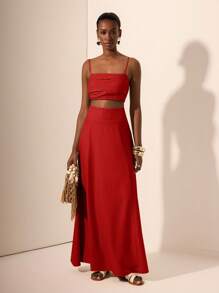 Zivah 2025 年夏季新款女士两件套，适合音乐节、复活节、圣帕特里克节、波西米亚风、生日派对、毕业典礼、日常穿着、休闲装、度假装、邮轮装、海滩装、日光浴装、时尚装、荷叶边、细肩带、麻花针织、竹纤维、亚麻布、卡其色 - 紅色 - 查看 7