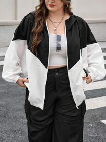 SHEIN CURVE+ Curves 大码/学校服装/返校服装/返校大码女式双色拼接连帽夹克，带口袋，女式运动服，女式慢跑服，两件套休闲套装，女式现代服装，大码运动服，女式秋季服装，女式秋季服装，冬季，CURVE PLUS - 黑與白 - 查看 4