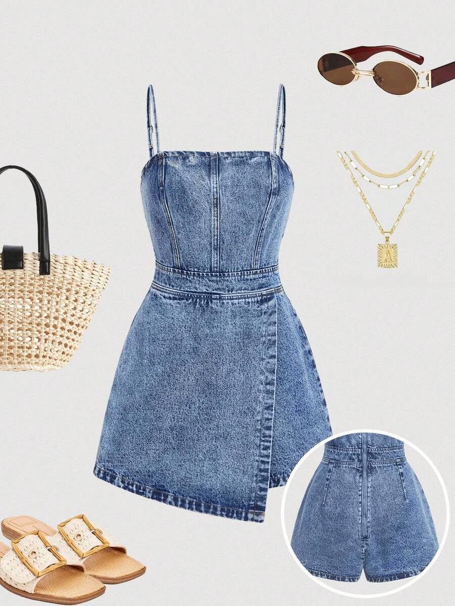 SHEIN Girlism Teen Girls Adjustable Strap Fitted Romper Denim Jumpsuit Jeans Skort With Aymmetrical Hem, Summer Outfits For Teen Girls, Spring Jumpsuits For Girl, St Patrick Day Outfit, Concert Outfit Kids, Rave Outfits Festival, Jumpsuits For Girls Elegant, Ibiza Outfits, Kids Back To School Fall Clothes