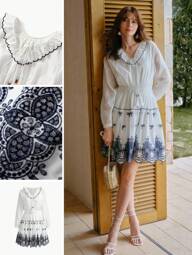 MOTF PREMIUM EMBROIDERED SHIRRED CONTRAST TRIM DRESS