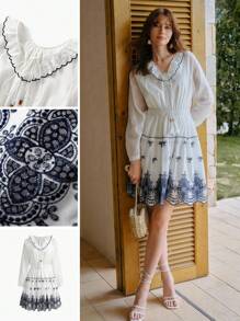 MOTF PREMIUM 刺绣褶饰撞色边连衣裙 - 白色 - 查看 1