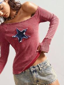 Bohemela Boho Vintage American Casual Star Pattern Knit Oblique Shoulder Slim Fit Washed Women T-Shirt - Red - View 6