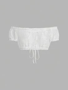 SHEIN Frenchy 女士优雅纯色蕾丝露肩抽绳超短上衣（女士）女士蕾丝花边短袖上衣、女士纯色简约日常镂空蕾丝花边短袖衬衫、慕尼黑啤酒节连衣裙、慕尼黑啤酒节服装、啤酒节服装、白色上衣、啤酒节服装、蕾丝短款上衣、白色短款上衣、女士夏季短款上衣、挤奶女工上衣、露肩上衣、系带上衣 - 白色 - 查看 2