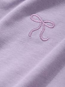 DAZY 女士丝带装饰蝴蝶结刺绣宽松短袖T恤超大T恤 - 紫色 - 查看 7