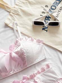 SHEIN 2pcs Set Comfortable Soft Jacquard Texture Satin Ruffle Trim Bow Romantic White & Pink Sexy Lingerie Set For Women - White - View 7