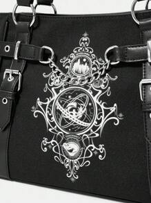 HARRY POTTER X SHEIN PU 皮革链条装饰黑色顶部提手包 - 黑色 - 查看 9