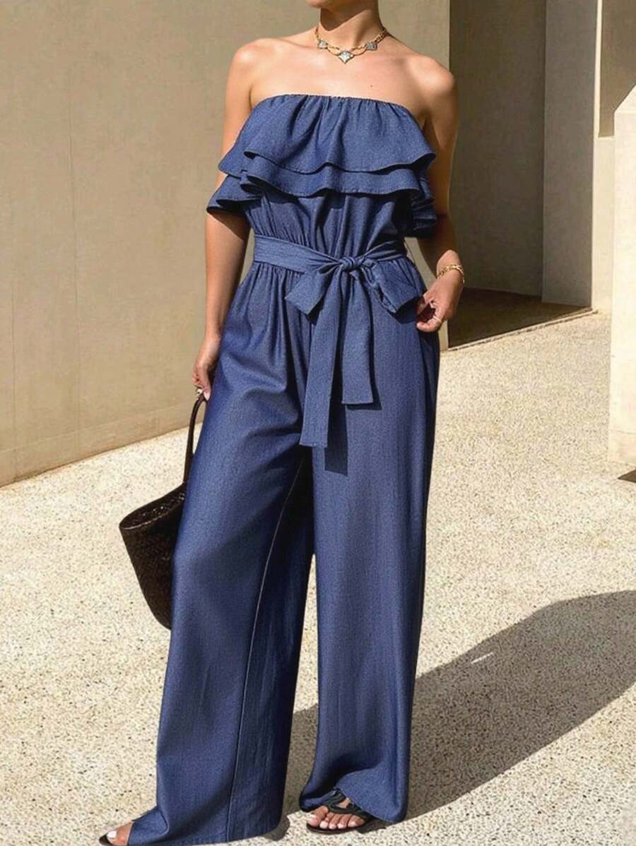 Siren Gaze Herbst 2025 Neu! Frauen Herbstkleidung im Stil von "Old Money" - Business Lässig Blaue Denim Bandeau Jumpsuit mit Rüschen-Saum an den Schultern, Lehrerin Outfits für Frauen Rückkehr zur Schule Arbeitsweg Alltags-Tragen Jumpsuit, Lässiger Jumpsuit mit langem Rüschensaum für Büro & Alltag - marineblau - Übersicht 1