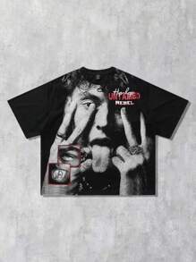 ROMWE MEN Street Life Men's Mesh Print Technique Hip Hop Character Printed Short Sleeve T-Shirt - Black - View 1