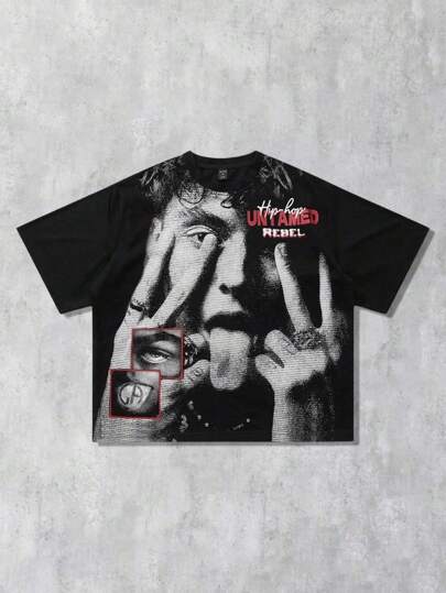 Street Life Camiseta de manga corta con técnica de impresión de malla y diseño de personajes de hip hop, adecuada para uso diario, primavera/verano