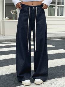 DAZY 女士系带口袋阔腿宽松休闲牛仔裤 - 藏蓝色 - 查看 3