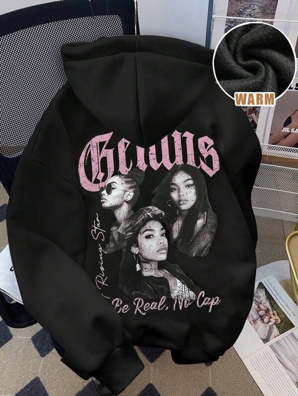 SHEIN Tween Girls' Casual Minimalist Chic Black & White Female Portrait Graphic Long Sleeve Hoodie Sweatshirt, Suitable For Autumn/Winter