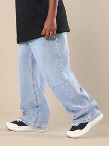 SUMWON 阔腿木匠牛仔裤男童青年轻便牛仔裤实用直筒撞色缝线溜冰宽松休闲时尚工作服风格秋冬 - 中等水洗藍 - 查看 1