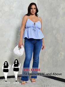 SHEIN Tall CURVE Conjuntos de verano para mujer de talla grande 2025: Top de tirantes azul con nudo delantero y lazo - y blusas informales de verano tipo baby doll - Azul - Ver 1