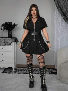 SHEIN Whyspr 大码深色款式褶边连衣裙