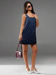 Avantive New Summer Women's Round Neck Sleeveless A-Line Rhinestone Decorated Denim Mini Dress - Navy Blue - View 4