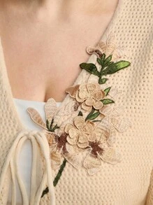 Anewsta Cardigan tricoté à fleurs brodées grande taille pour femmes - Nude - Voir 1
