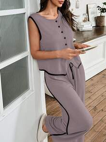 SHEIN 休闲紫色针织无袖上衣和裤子休闲套装，带结饰和圆领夏季服装 - 紫色 - 查看 4