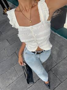 Serisse Women Layered Frill Trim Single Breasted Short Cap Sleeve Fashion T-Shirt