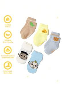 CoComelon X SHEIN 5双纯棉柔软透气吸湿排汗婴儿中筒袜可爱卡通熊恐龙图案婴儿中筒袜男女通用四季百搭 - 彩色 - 查看 2