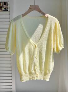 Comfortcana 秋季女款纯色短袖单排扣轻薄黄色开衫 - 黃色 - 查看 4