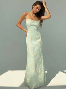 Aloruh 全新复古绿色花卉提花刺绣浪漫度假修身连衣裙，适合海滩度假，淡绿色茶长连衣裙 - 綠色 - 查看 3