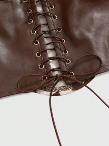 ROMWE Hippie 复古西部狂野女孩奶牛印花拼布 PU 女式衬衫 - 棕色 - 查看 3