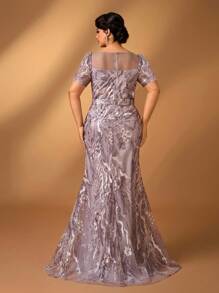 Serin Plus Size Elegant And Gorgeous Lotus Pink Round Neck Short Sleeves Sequin Embroidery Luxury Drilling Beading Craftsmanship Slim Fishtail Hem Suitable For Dinner Bachelorette Party Date Holiday Dance Wedding Event Bride Mother Dress Formal Dresses For Wedding Guest