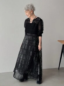 FRIFUL Women's Black See-Through Lace Fabric Long Sleeve Dress,Fall Dress
