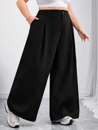 SHEIN CURVE+ Curve 大码/秋装/秋季女装/女冬装/冬装大码女式纯色纽扣休闲阔腿裤西装裤，女秋装女秋装，冬季，CURVE PLUS